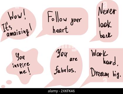 Hand-drawn speech bubbles, phrases. Speech bubbles with compliments, hand written phrases and doodle elements. Self love, motivation or world Stock Vector