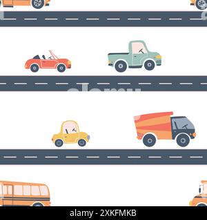 Kids seamless pattern with car, bus and road. Perfect for fabric , digital paper, cards Stock Vector