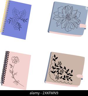 Notepads and notes set. Different charter sheets and planners, notepads and ring pad, bookmarks. Stock Vector