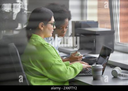 Shot through office window blinds of female African American software developer supervising larger-bodied junior IT specialist while coding on laptop at office Stock Photo