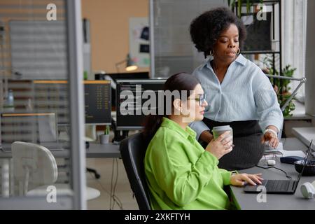 Higher-weight female project manager of Black ethnicity talking to junior developer working on mobile application drinking coffee looking at laptop screen , copy space Stock Photo
