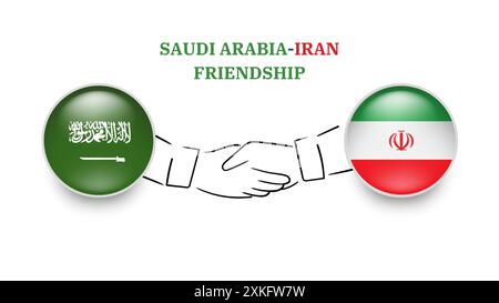 Saudi Arabia and IRAN flags in circle with shake hand. Saudi Arabia And IRAN friendship. Saudi And IRANI flags, isolated on white background. Vector i Stock Vector