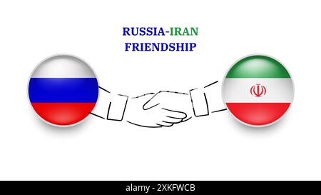 RUSSIA and IRAN flags in circle with shake hand. RUSSIA And IRAN friendship. RUSSIAN And IRANI flags, isolated on white background. Vector icon set. V Stock Vector