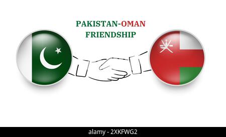 Pakistan and Oman flags in circle with shake hand. pakistan and Oman friendship. Pakistani and Omani flags, isolated on white background. Vector icon Stock Vector