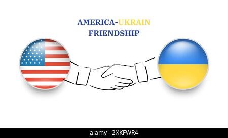 America and UKRAIN flags in circle with shake hand. America And UKRAIN friendship. American And UKRAIN flags, isolated on white background. Stock Vector