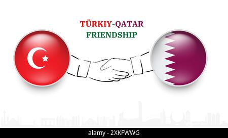 Turkey And Qatar flags in circle with shake hand. Turkey And Qatar friendship. Turkish And Qatari flags, isolated on white background. Vector icon set Stock Vector