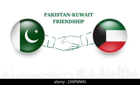 Pakistan AND KUWAIT flags in circle with shake hand. pakistan AND KUWAIT friendship. Pakistani AND KUWAITI flags, isolated on white background. Vector Stock Vector