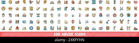100 abuse icons set. Color line set of abuse vector icons thin line color flat on white Stock Vector