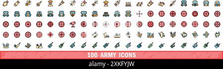 100 army icons set. Color line set of army vector icons thin line color flat on white Stock Vector