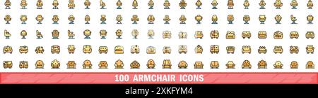 100 armchair icons set. Color line set of armchair vector icons thin line color flat on white Stock Vector