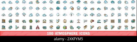 100 atmosphere icons set. Color line set of atmosphere vector icons thin line color flat on white Stock Vector