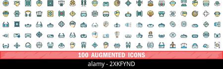100 augmented icons set. Color line set of augmented vector icons thin line color flat on white Stock Vector
