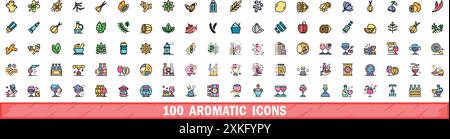 100 aromatic icons set. Color line set of aromatic vector icons thin line color flat on white Stock Vector