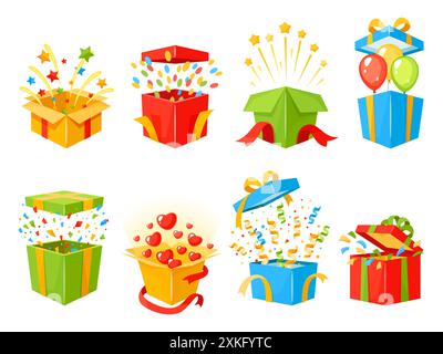 Surprise boxes. Open bright cardboard containers with color confetti, stars and hearts, gift paper packing, present wrapping, colorful balloons Stock Vector
