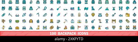 100 backpack icons set. Color line set of backpack vector icons thin line color flat on white Stock Vector