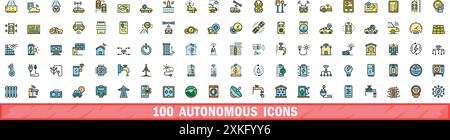 100 autonomous icons set. Color line set of autonomous vector icons thin line color flat on white Stock Vector