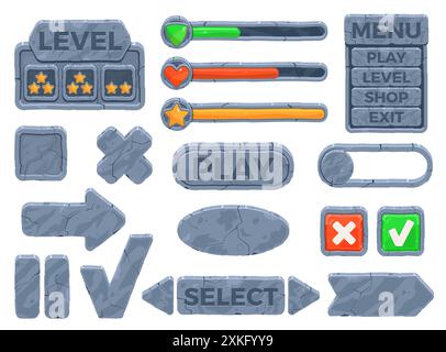 Stone ui frames and buttons. Medieval rpg elements, rock texture boards, progress bar and plaques, game design template, signboard and arrows, cartoon Stock Vector