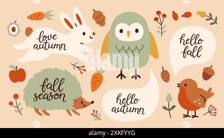 Autumn animals hand drawn lettering set. Fall season handwritten slogans. Autumn phrases with cute cozy design elements Stock Vector
