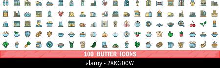 100 butter icons set. Color line set of butter vector icons thin line color flat on white Stock Vector