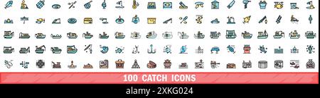 100 catch icons set. Color line set of catch vector icons thin line color flat on white Stock Vector
