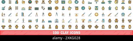 100 clay icons set. Color line set of clay vector icons thin line color flat on white Stock Vector