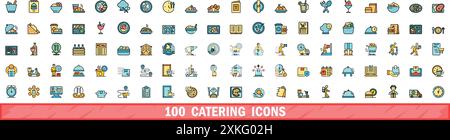 100 catering icons set. Color line set of catering vector icons thin line color flat on white Stock Vector
