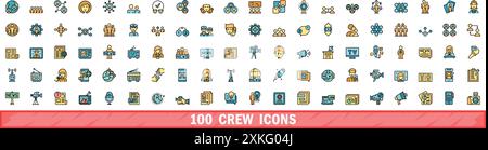 100 crew icons set. Color line set of crew vector icons thin line color flat on white Stock Vector
