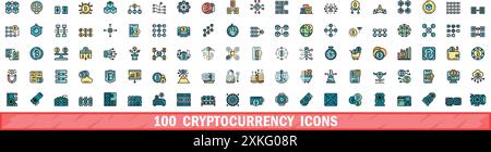100 cryptocurrency icons set. Color line set of cryptocurrency vector icons thin line color flat on white Stock Vector