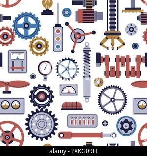 Industrial parts seamless pattern. Mechanical and robot elements, technical details, buttons, levers and gears. Decor textile, wrapping, wallpaper Stock Vector