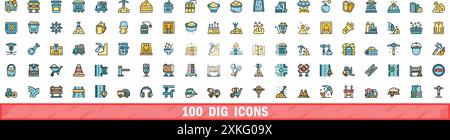 100 dig icons set. Color line set of dig vector icons thin line color flat on white Stock Vector