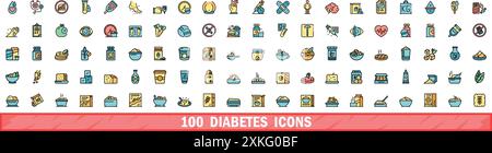 100 diabetes icons set. Color line set of diabetes vector icons thin line color flat on white Stock Vector