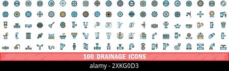 100 drainage icons set. Color line set of drainage vector icons thin line color flat on white Stock Vector