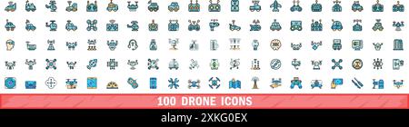 100 drone icons set. Color line set of drone vector icons thin line color flat on white Stock Vector