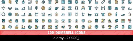100 dumbbell icons set. Color line set of dumbbell vector icons thin line color flat on white Stock Vector
