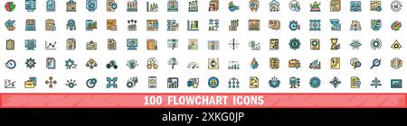 100 flowchart icons set. Color line set of flowchart vector icons thin line color flat on white Stock Vector
