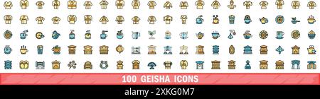 100 geisha icons set. Color line set of geisha vector icons thin line color flat on white Stock Vector