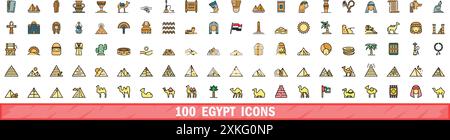 100 egypt icons set. Color line set of egypt vector icons thin line color flat on white Stock Vector