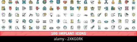 100 implant icons set. Color line set of implant vector icons thin line color flat on white Stock Vector