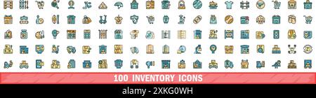 100 inventory icons set. Color line set of inventory vector icons thin line color flat on white Stock Vector