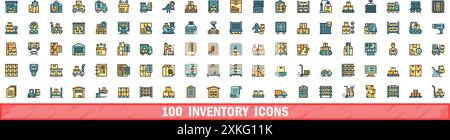 100 inventory icons set. Color line set of inventory vector icons thin line color flat on white Stock Vector
