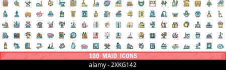 100 maid icons set. Color line set of maid vector icons thin line color flat on white Stock Vector
