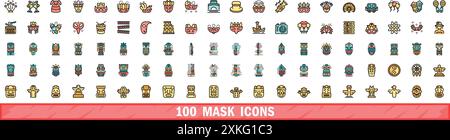 100 mask icons set. Color line set of mask vector icons thin line color flat on white Stock Vector