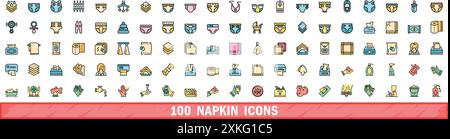 100 napkin icons set. Color line set of napkin vector icons thin line color flat on white Stock Vector