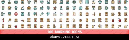 100 morning icons set. Color line set of morning vector icons thin line color flat on white Stock Vector