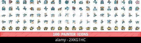 100 painter icons set. Color line set of painter vector icons thin line color flat on white Stock Vector