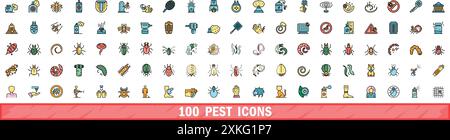 100 pest icons set. Color line set of pest vector icons thin line color flat on white Stock Vector