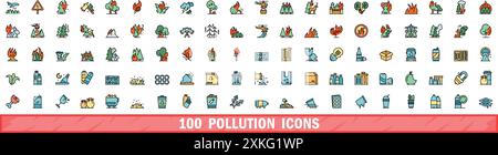 100 pollution icons set. Color line set of pollution vector icons thin line color flat on white Stock Vector