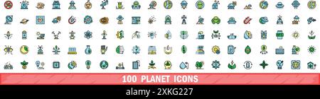 100 planet icons set. Color line set of planet vector icons thin line color flat on white Stock Vector