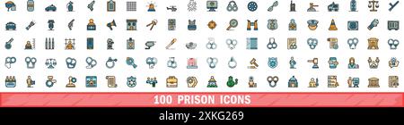 100 prison icons set. Color line set of prison vector icons thin line color flat on white Stock Vector