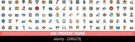100 protest icons set. Color line set of protest vector icons thin line color flat on white Stock Vector